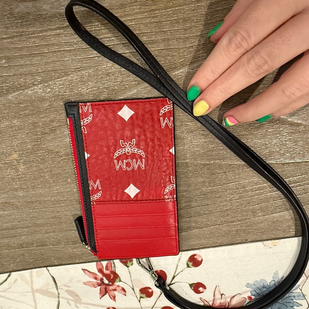 MCM Scarlet Card Holder with Black Strap